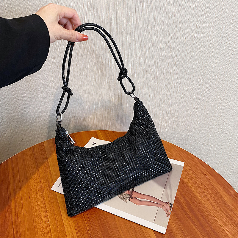 Ready Stock Cross-Border European & American Sparkling Rhinestone Zipper Knot Underarm Bag Crescent Shoulder Bag Women's Diamond Evening Bag - Thumbnail 3