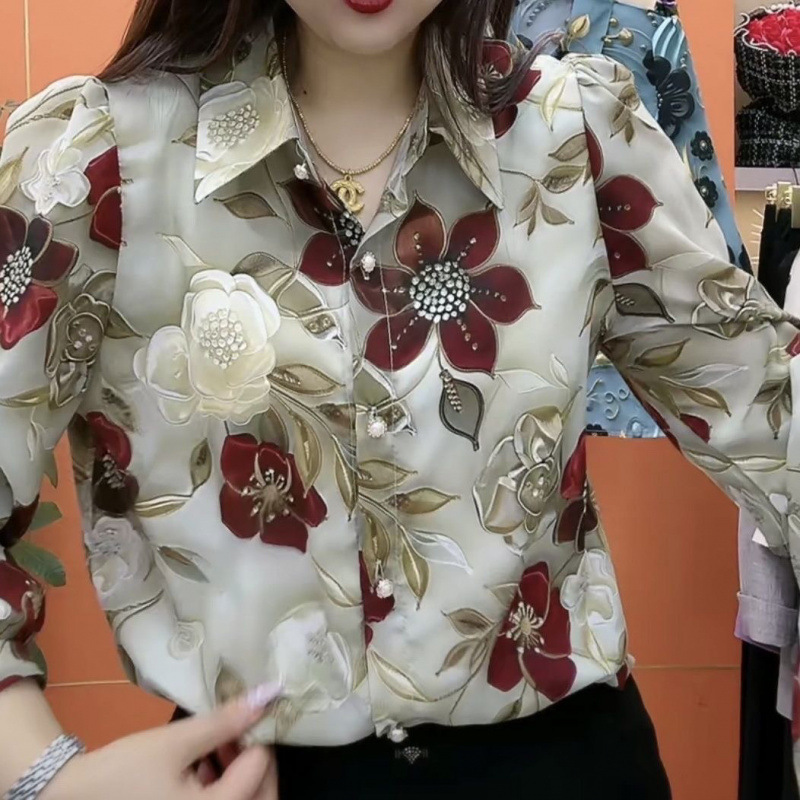 ママの服 2024 秋の新女性のファッショナブルなプリント花柄ラペルシャツ女性の夏のお腹カバートップ|undefined