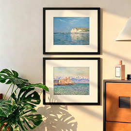 海岸印象 莫奈法式中古风餐厅装饰画北欧复古奶油风客厅斗柜挂画