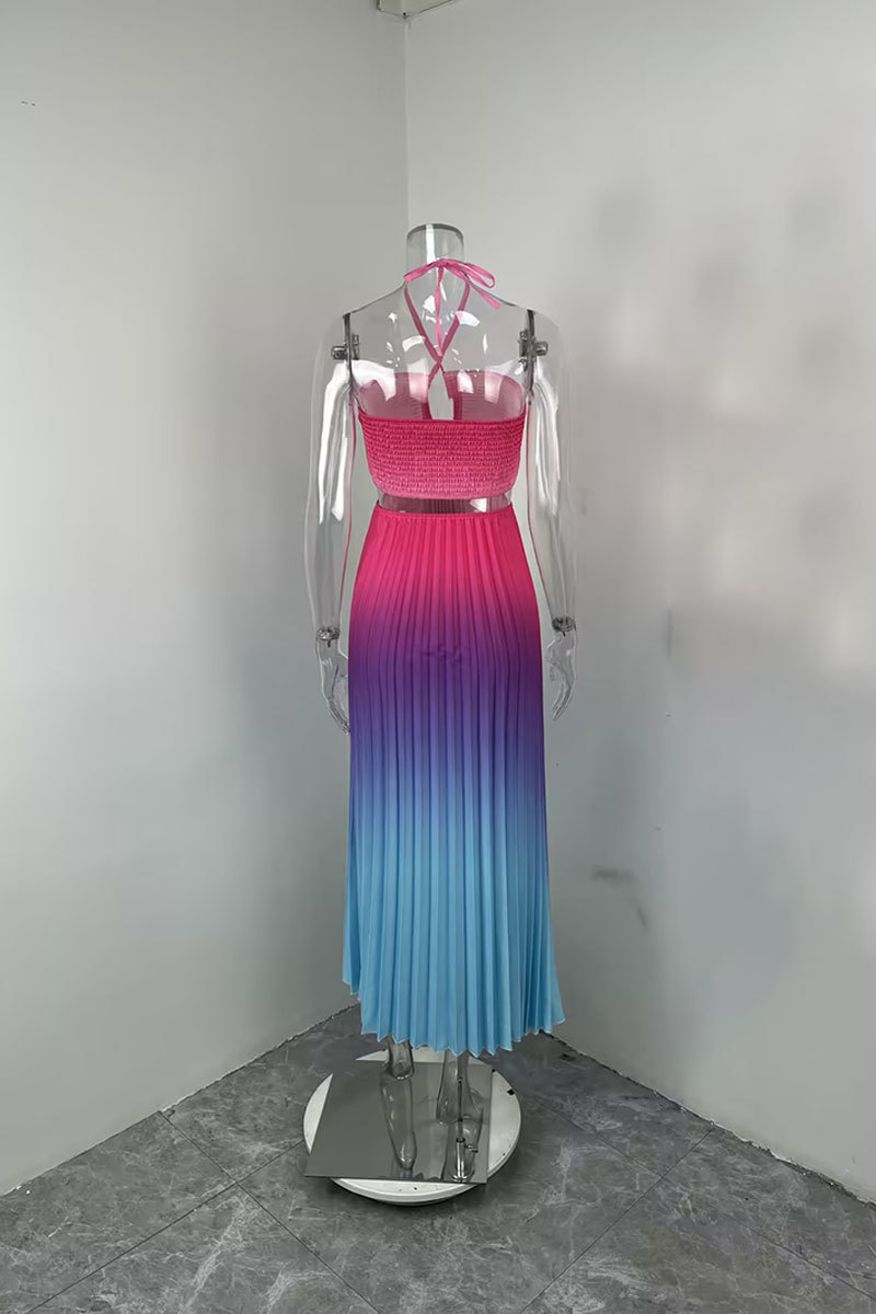 Women's Elegant Hollow Out Halter Neck Dress Spring 2026 Sexy Gradient Color Long Casual American Style Summer Clothing_ecoleips.com