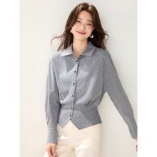 实拍气质格纹收腰翻领长袖衬衫女2025秋季新款高级感通勤时尚小衫
