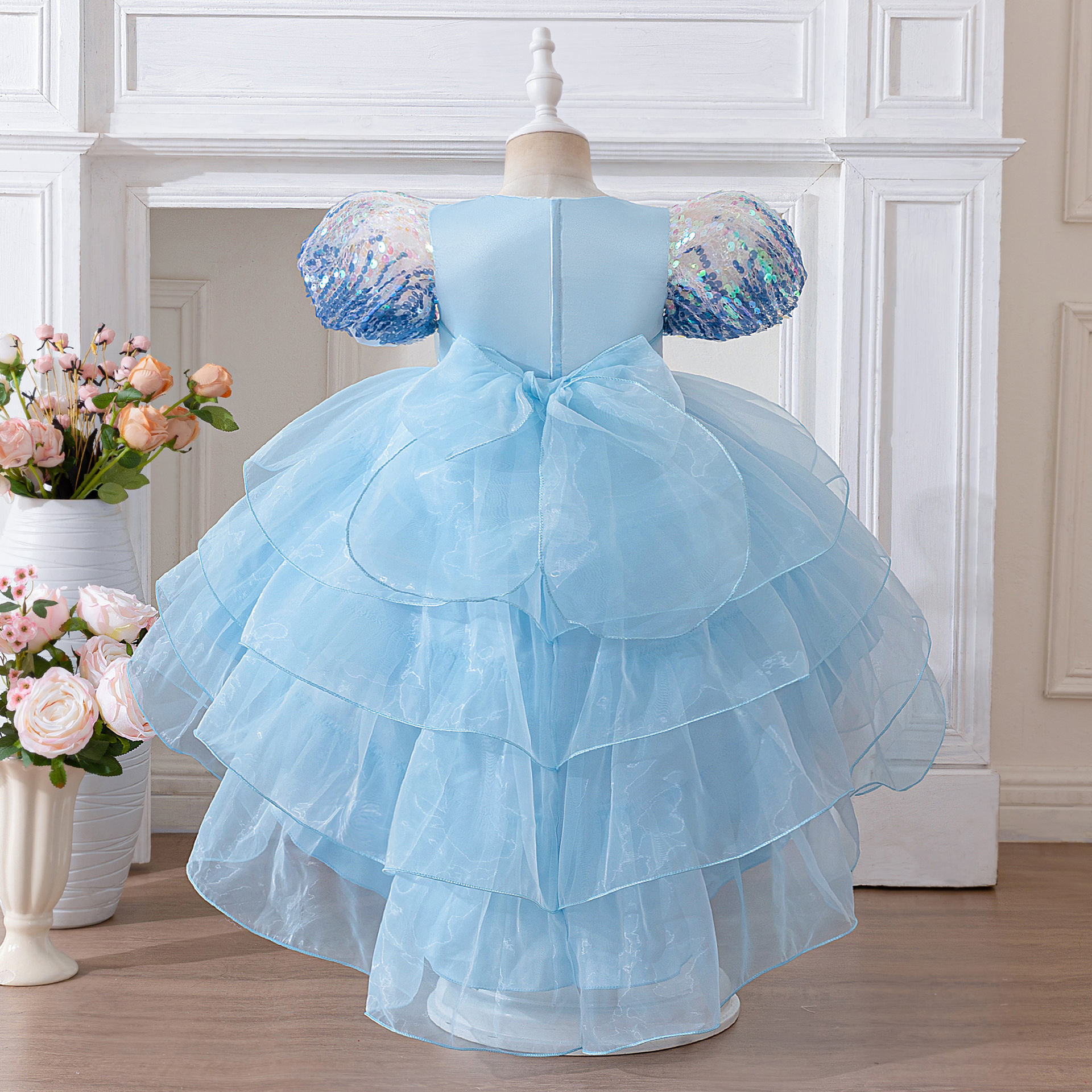 Vestido de verano para niñas 2025 nuevo estilo estilo occidental vestido de princesa de malla con lentejuelas para niños vestido de cumpleaños para niñas