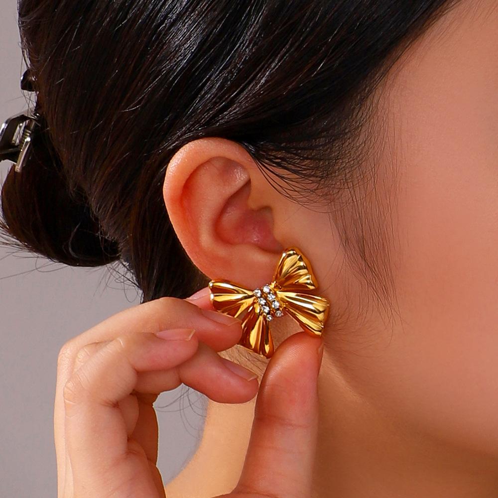 18K Real Gold Plated Plating Material 1 Pair IG Style Simple Style Flower Butterfly Bow Knot Plating 304 Stainless Steel Drop Earrings Ear Studs