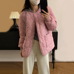 Round neck rhombus large pocket versatile thin cotton-padded women's 2022 autumn and winter New Cotton solid color warm coat Women's