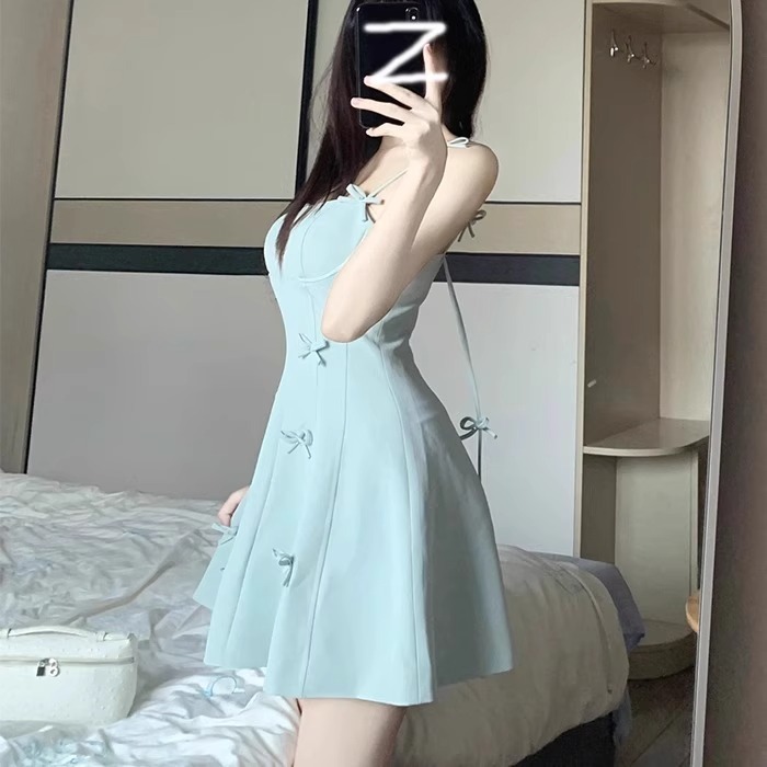 夏のティーブレイクスタイルのリボンセクシーなサスペンダープリーツスカート女性のウエストを細くする甘い純粋な欲望の美しいフレンチドレス|undefined