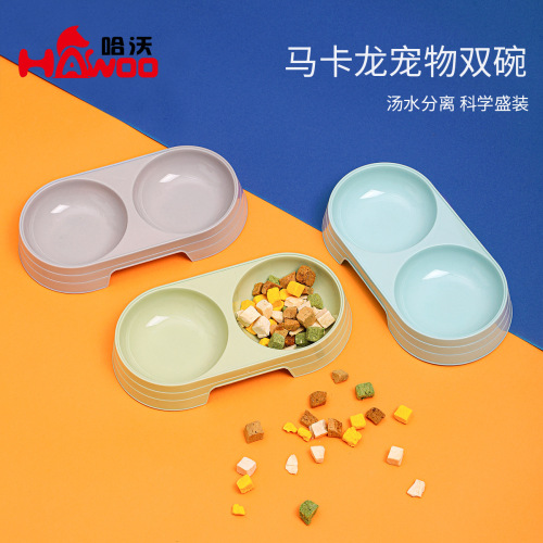 ins macaron pet double bowl wholesale small cat water bowl plastic dog bowl anti-knock over dog basin pet supplies