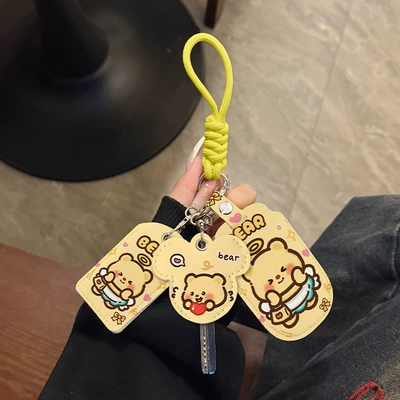 Cover Keychain Soft Cartoon Three-Piece | Electric vehicle key cover shell - three-card-holders-yellow-key-rope-butter-bear
