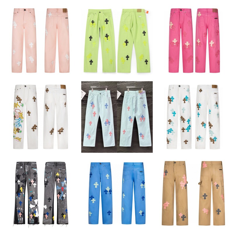 Correct Version Ch Crowe Cross Leather Label Washed Jeans Couple Street Loose Denim Pants Wholesale