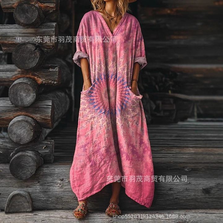 2025 New Independent Station Women's Retro Floral Art Pattern Printed Pocket V Neck Pocket Dress