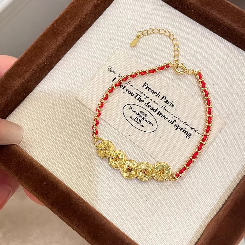 Tiktok Trending New Chinese-Style Crushed Ice Five Emperors' Coins Lucky Red String Bracelet Ultra-Shiny High-End Exquisite Woven Bracelet
