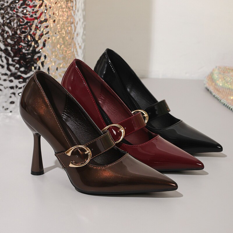 Cross-Border Foreign Trade European Size New Model Socialite Stiletto Pointed Toe High Heels European and American Party Belt Buckle Burgundy Single Shoes for Women