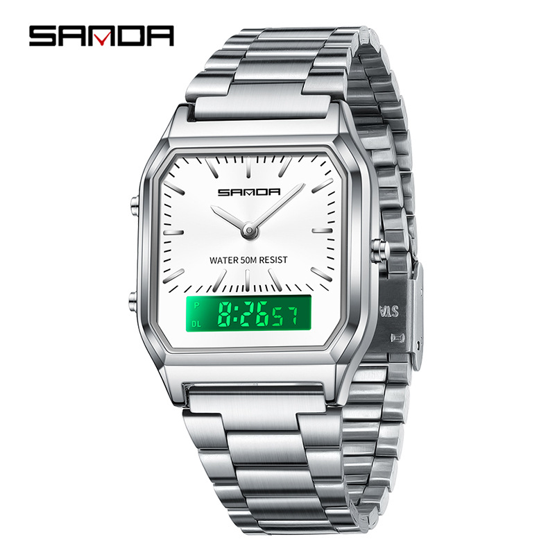 SANDA SANDA 747 hombre retro reloj electrónico de negocios moda moda personalidad reloj de hombre correa de acero reloj de pulsera ligero