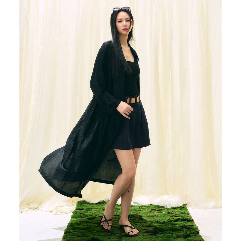 【Shengdu】26 Spring New French-Style High-End Heavy Acetate Black Shirt Lightweight Flowy Long Trench Coat Jacket