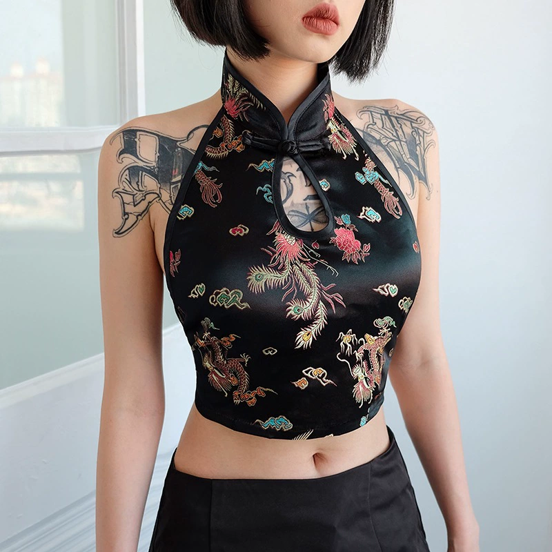 JFL3109 Европейский и американский трансграничный AliExpress сексуальный жилет без рукавов с открытой спиной и вышивкой дракона в китайском стиле, женская одежда