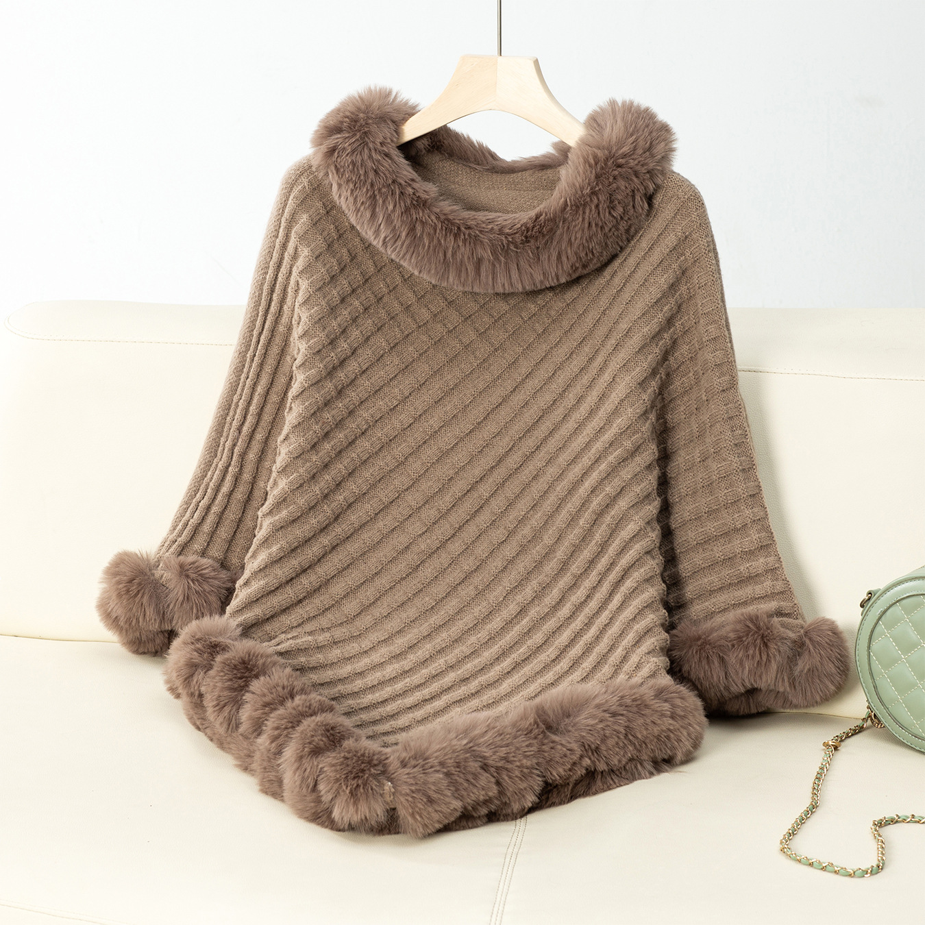Pulôver de gola de pele de cor sólida, suéter europeu e americano feminino, outono e inverno, capa de malha xadrez vintage grossa_voghion.com