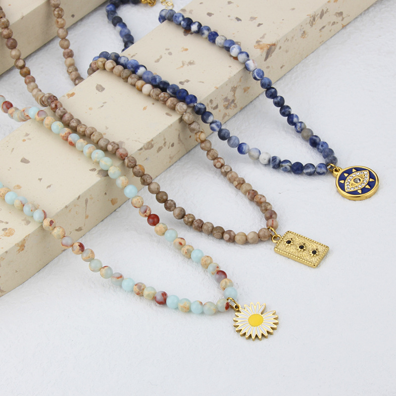 boho natural stone beaded titanium steel tag combination necklace women wholesale