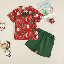 2025新款网红圣诞节衬衫短裤套装儿童男宝宝时尚两件套欧美风童装