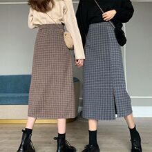 毛呢格子中长款半身裙大码开叉a字半裙秋冬显瘦一步裙胖MM包臀裙