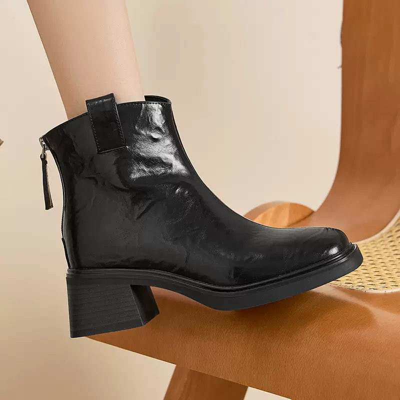 2119-2隐形增高8cm方头粗跟短靴女英伦复古高跟西部骑士牛仔靴子