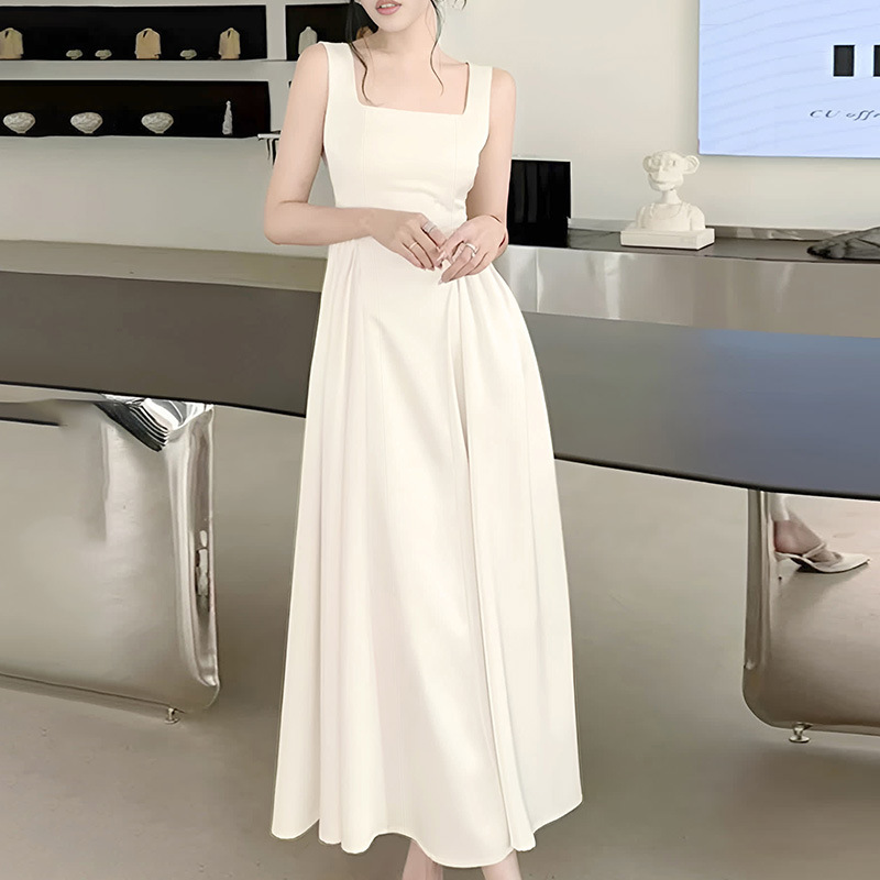 White camisole dress, female summer first love, cool feeling, white moonlight waist pinching skirt, 