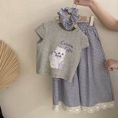 クリームサマースーツ 2025 新しい女の子猫プリント半袖ファッションルーズワイドレッグカジュアルパンツ 2 点セット