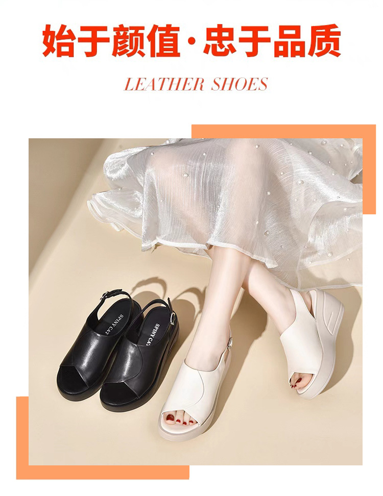 Giày sandal cao gót nữ mũi hở kiểu miệng cá, đế dày platform, da thật có khóa — Màu đen chi tiết 4