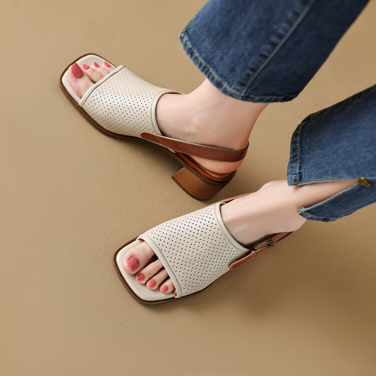 Sister Ran's Leaky Sheepskin Giant Soft French Retro Soft Leather Sandals with Open Toe Buckle Thick High Heel Cave Shoes