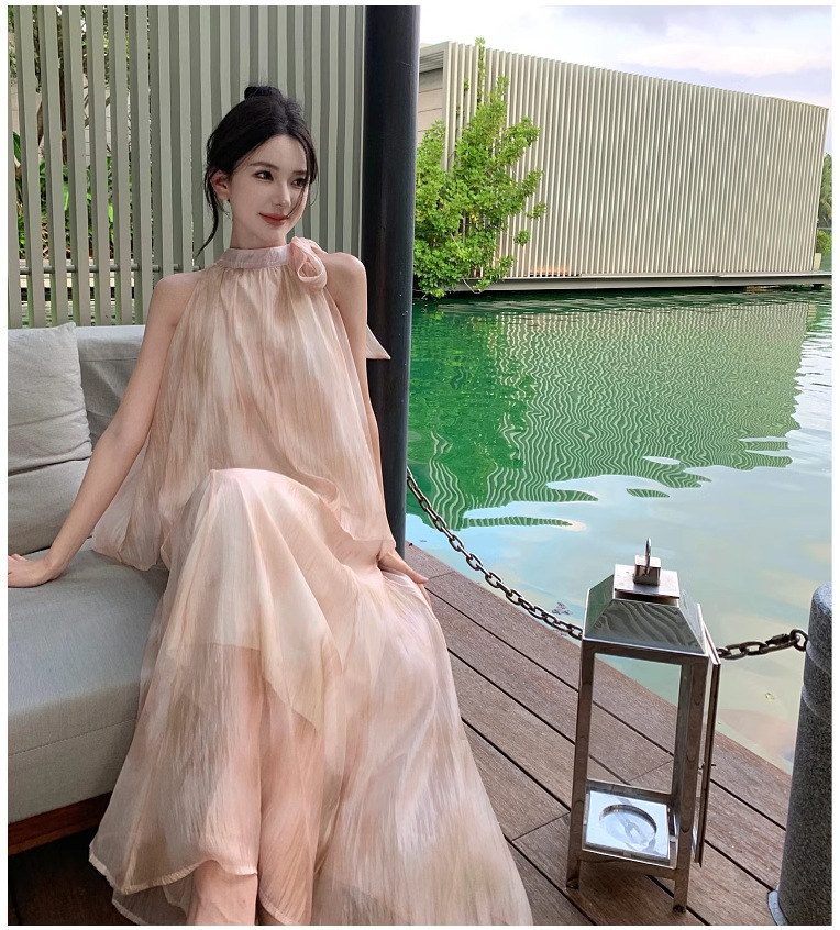 【中國直郵】 奢笛熊 新中式國風復古紮染油畫掛脖上衣 夏季高腰寬鬆半身裙 兩件套裝 M碼