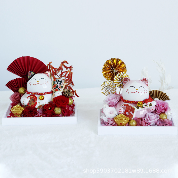 Flor de Víspera de Año Nuevo regalo de Año Nuevo de cerámica fortuna gato caja de regalo de acrílico Rosa flor seca Yunnan flor eterna producto terminado