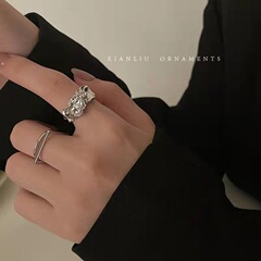 Vintage Irregular Pleated Hole Line Couple's Ring Female Ins Cold Wind Hip-Hop Party Finger Ring European and American Style