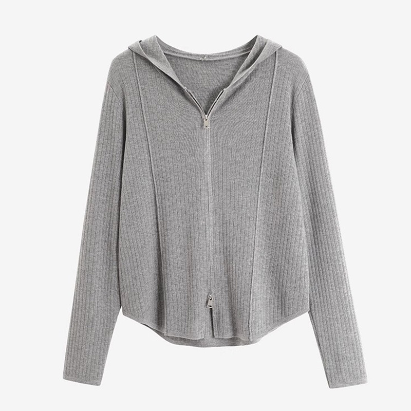 Double Zipper Hooded Knitted Cardigan Women's Spring New Loose Long-sleeved Hoodie Top Western Style Outer Sweater Jacket