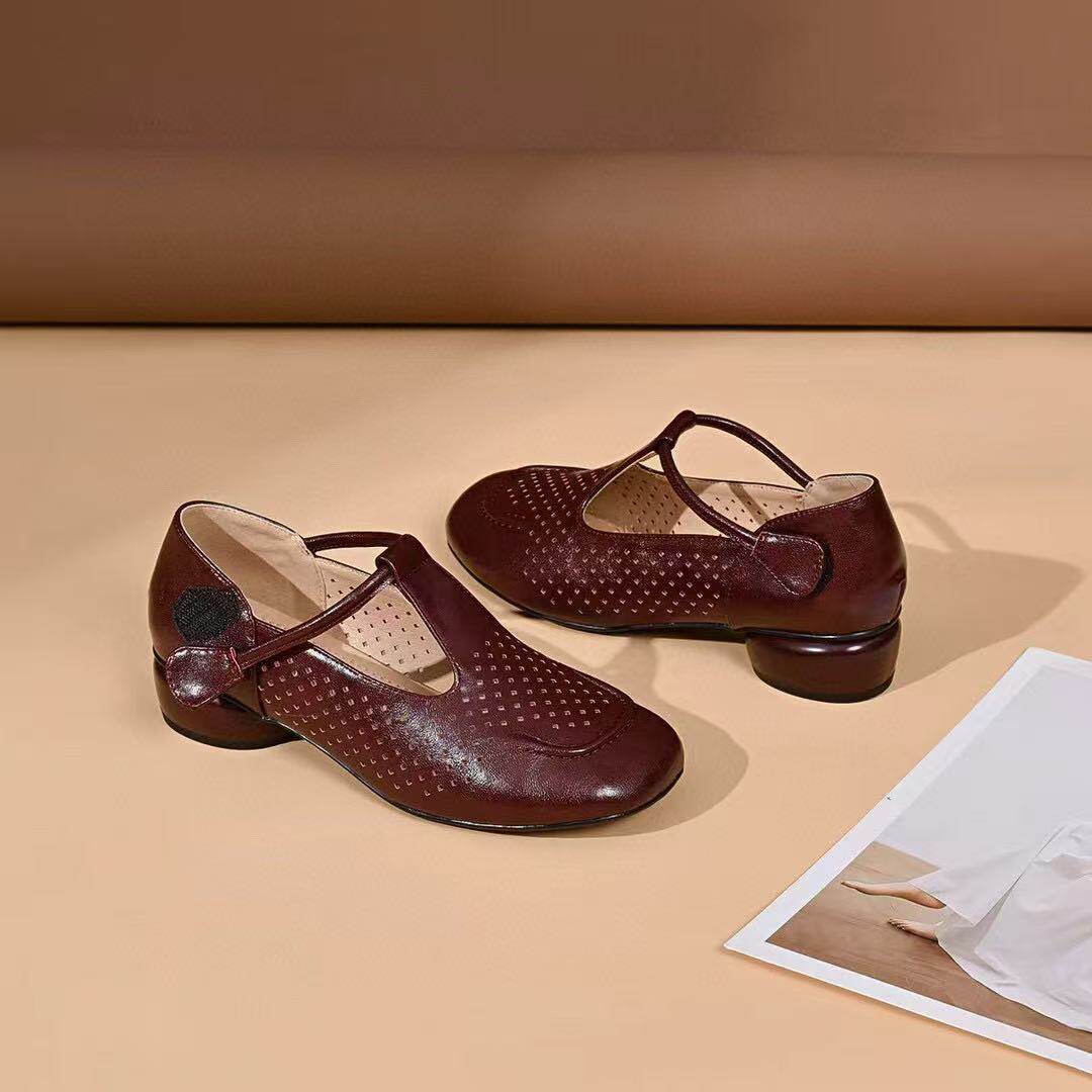 Sandal nữ da thật mũi tròn hở mũi gót thấp 4 cm đế bệt êm chân — màu đen chi tiết 8