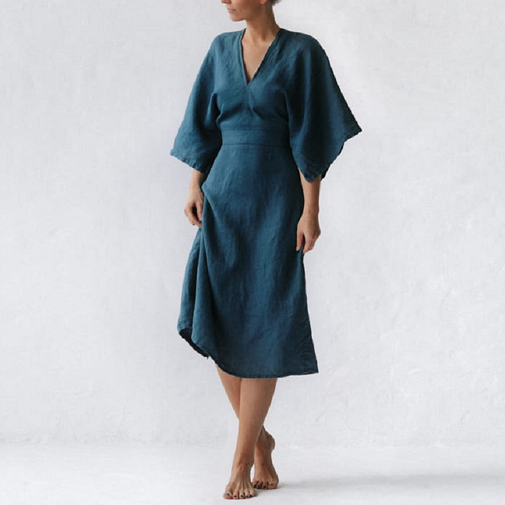 Women's V Neck Cotton Linen Short Sleeve Dress Loose Fit Clothing_ecoleips.com