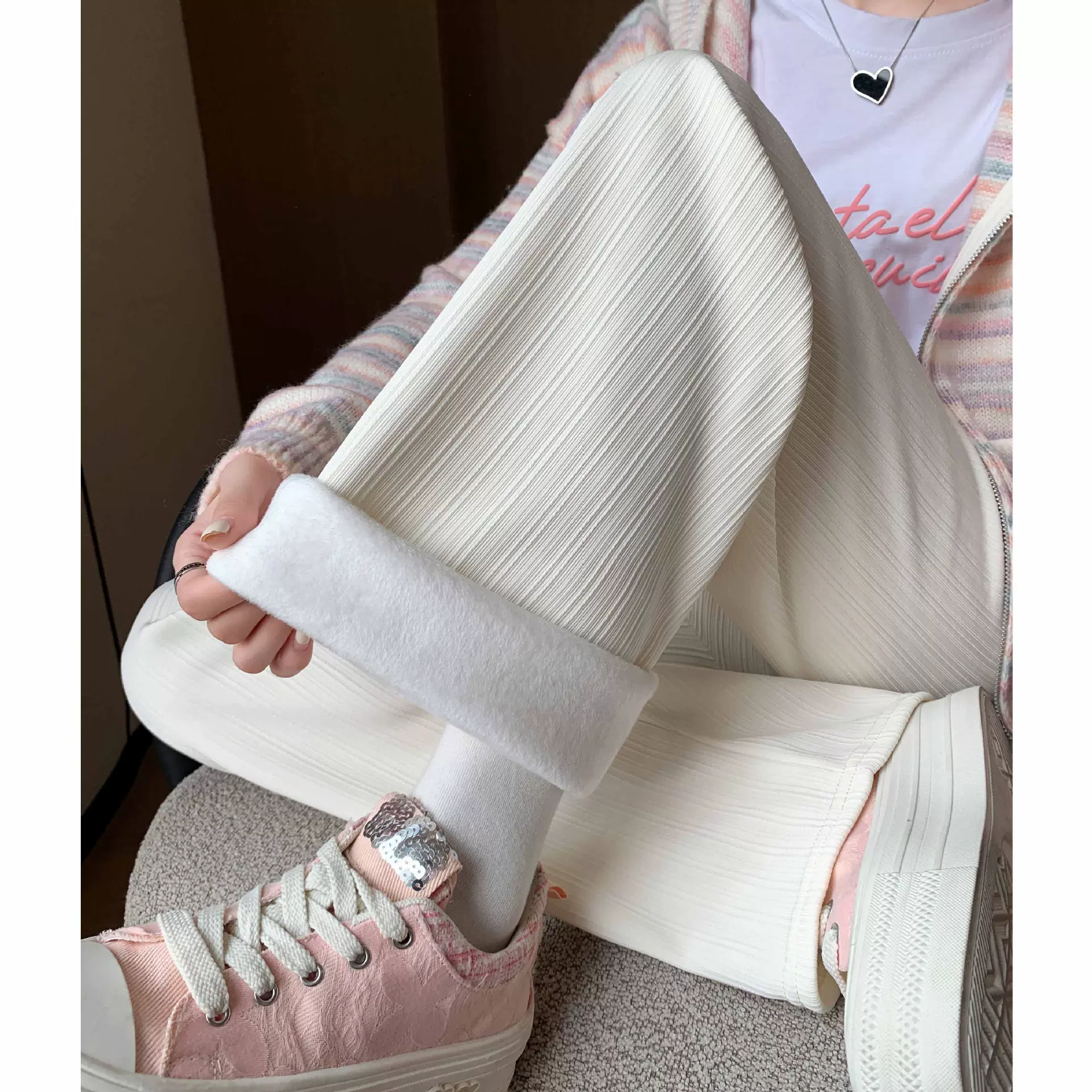 389窄版竖条纹加绒阔腿裤女秋冬宽松显瘦高腰垂感直筒休闲裤长裤