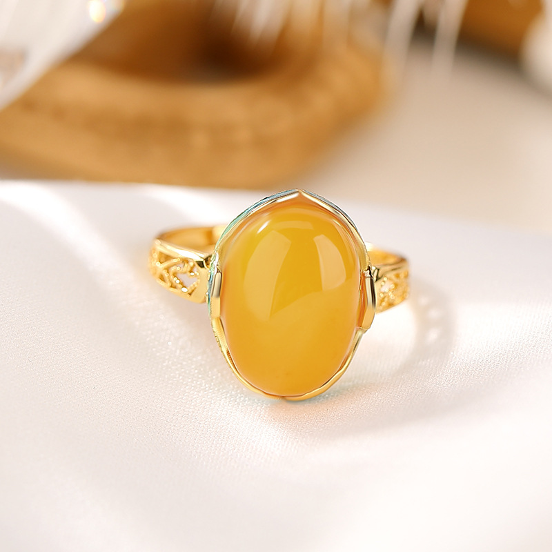 Nhẫn bạc S925 mạ vàng mặt trứng Ruyi phong cách Trung Hoa cổ điển — Mở (một kích thước)