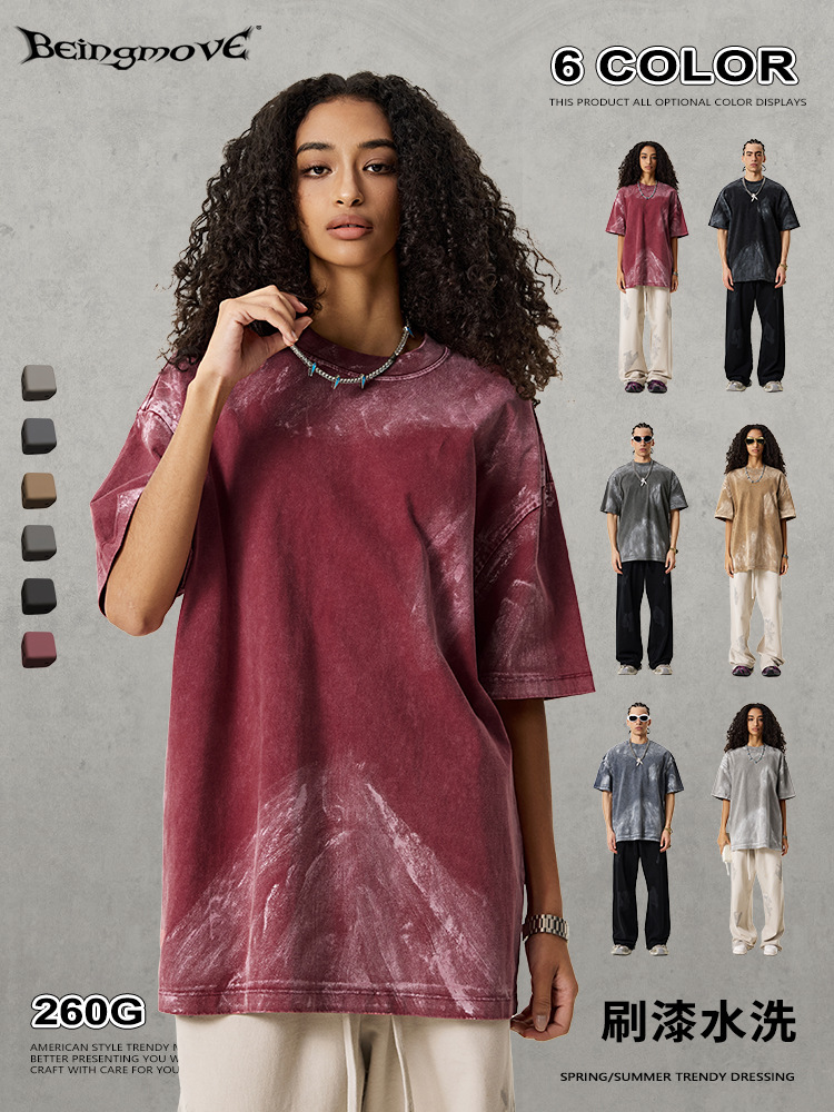 2025 verano Europa y los Estados Unidos comercio exterior pesado lavado con agua color de gran tamaño de manga corta tienda de compradores de alta sensación retro camiseta de moda masculina