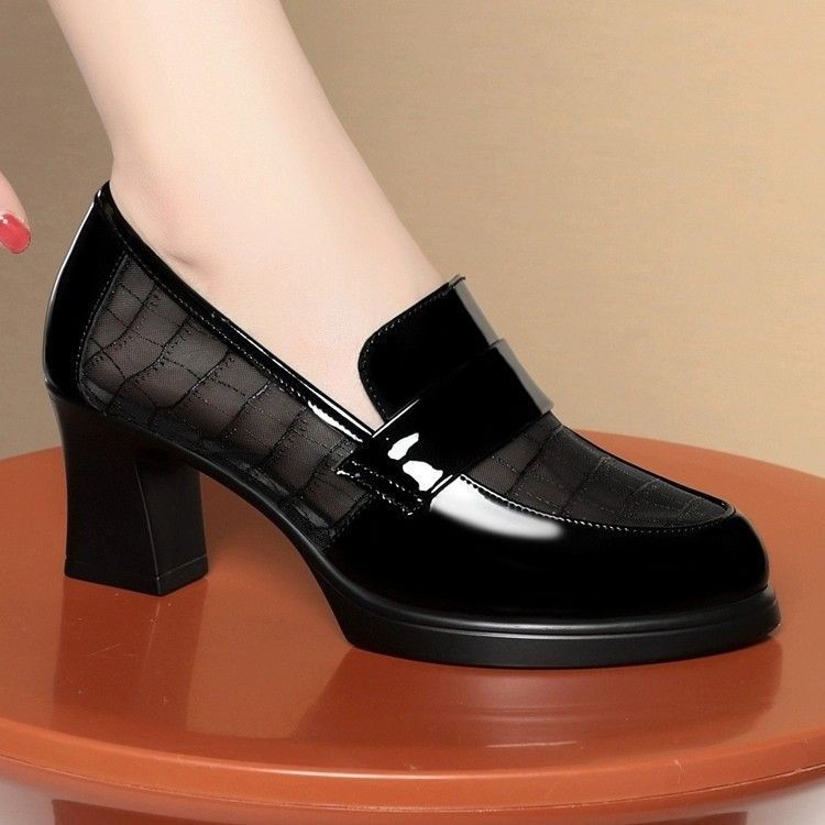 Manufacturer's Summer Single Shoes, Women's High Heels, Waterproof Platform Thick Heel Loafers, Mesh Breathable Middle-Aged Women's Leather Shoes