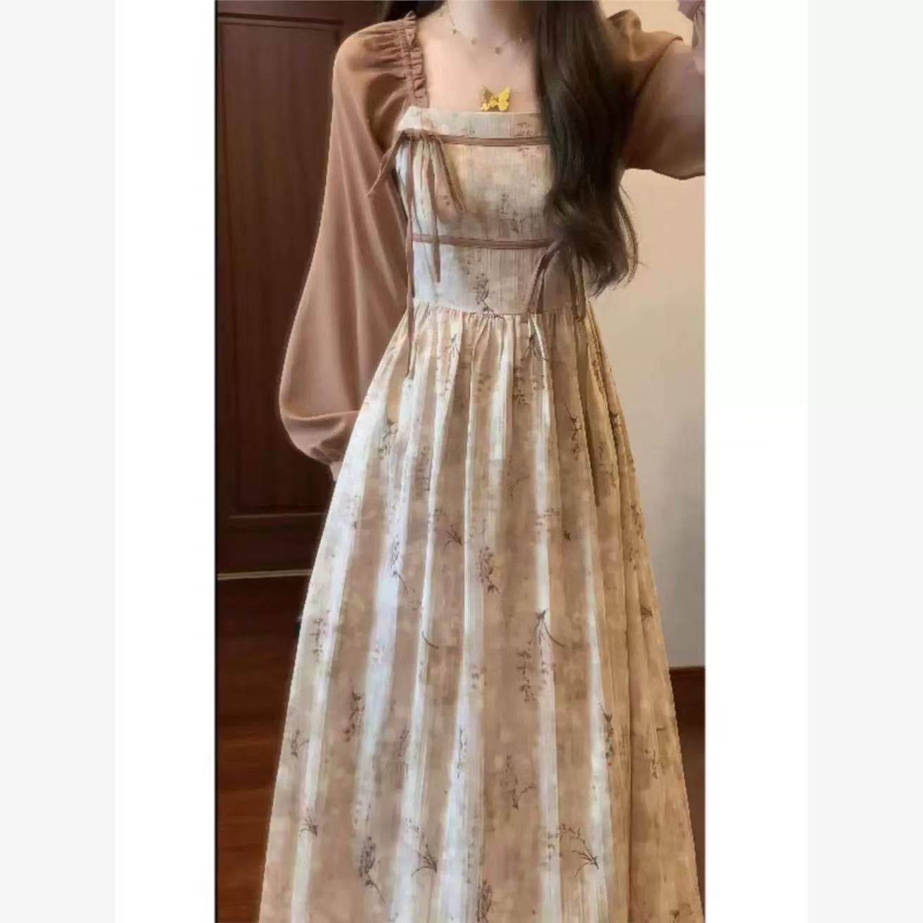 Plus Size Retro High-End Stylish Faux Two-Piece Tea Break Floral Dress Unique Non-Colliding Long Dress