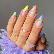 美甲穿戴甲批发定制彩虹法式线条穿戴甲成品贴片甲假指甲 nails