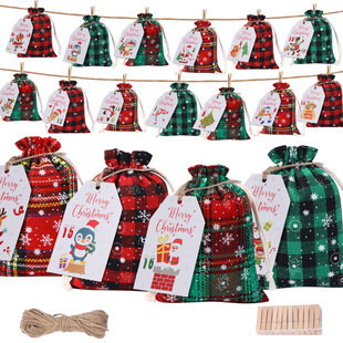New Cross-Border Christmas Advent Calendar Bag 24 Countdown Linen Drawstring Pocket Linen Drawstring Gift Bag Set