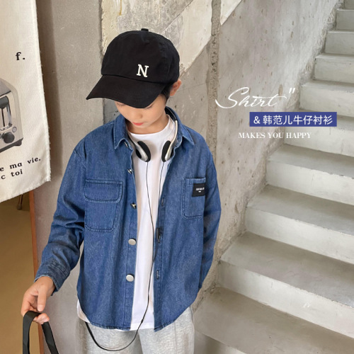 Boys' Denim Shirt Pure Cotton Korean Version Collar Shirt 2024 Spring and Autumn New Style Mom's Home Children's Clothing Long Sleeve Top Trendy