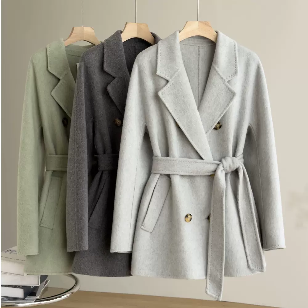 反季清仓恩迪通勤气质澳毛双面呢外套女新款时尚西装领中长款大衣