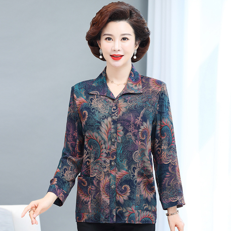 Middle-aged and elderly Granny shirt women's long sleeve thin 40-60 year old mother-in-law summer clothing mother cardigan top lapel
