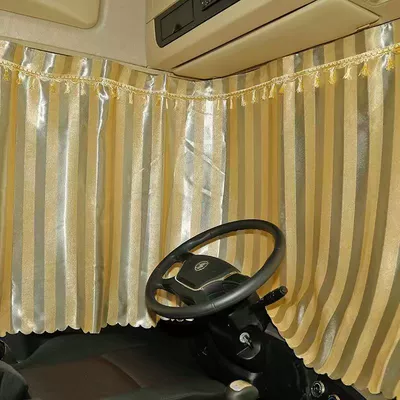 Car curtains | Delong, New M3000 Sleeper Cab - beige-gold-vertical-stripes-with-tassels-whole-car-curtains-three-large-pieces