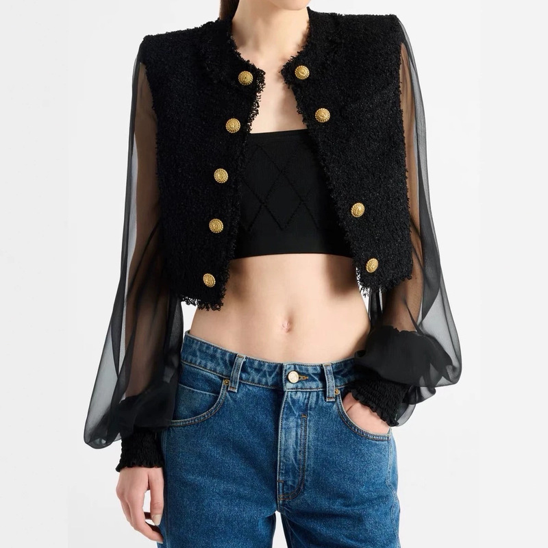 Ba1ma1* 2026aw new autumn women's short tweed jacket with mesh and plain fabric inserts Ba1ma1* 2026aw new autumn women's short tweed jacket with mesh and plain fabric inserts