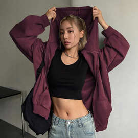 2026欧美跨境亚马逊独立站辣妹风拉链连帽卫衣女宽松落肩休闲外套