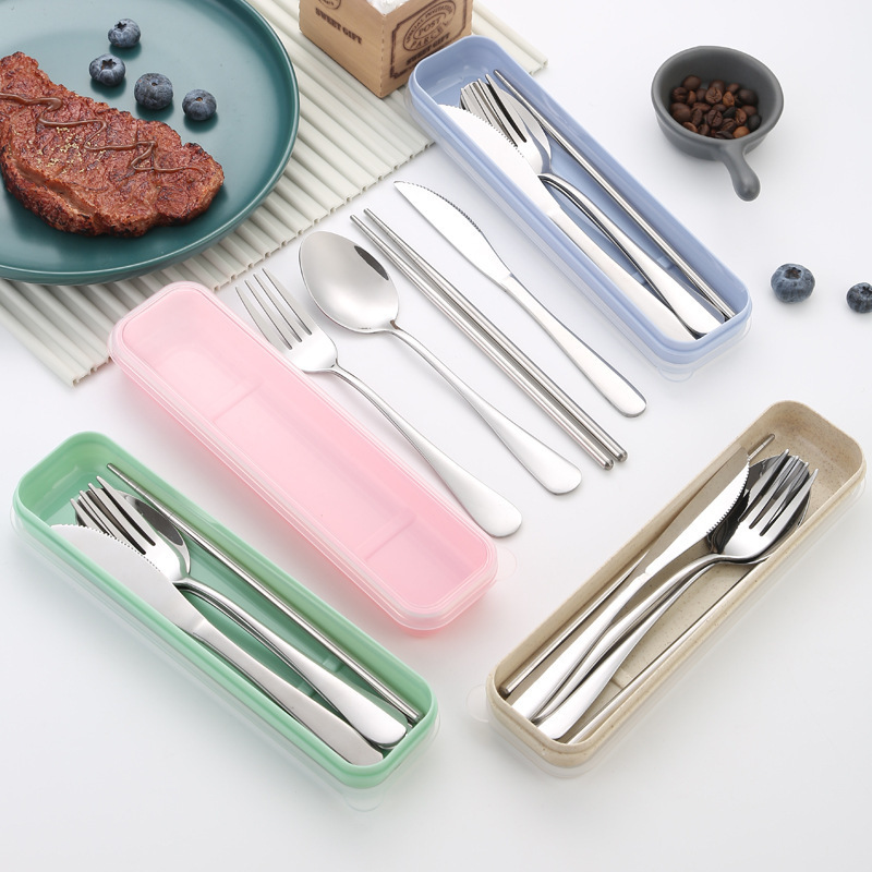 Cross-border stainless steel cutlery set with knife, fork, spoon, and chopsticks in a case, portable tableware set, company promotional gift for students and outdoor use Cross-border stainless steel cutlery set with knife, fork, spoon, and chopsticks in a case, portable tableware set, company promotional gift for students and outdoor use