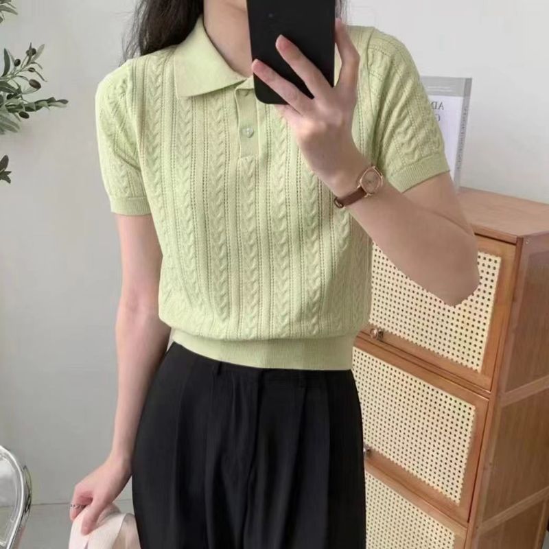 Short Polo Collar French Ice Silk Knitted T-Shirt for Women 2025 Summer New Style Cut Out Twist Top Versatile t