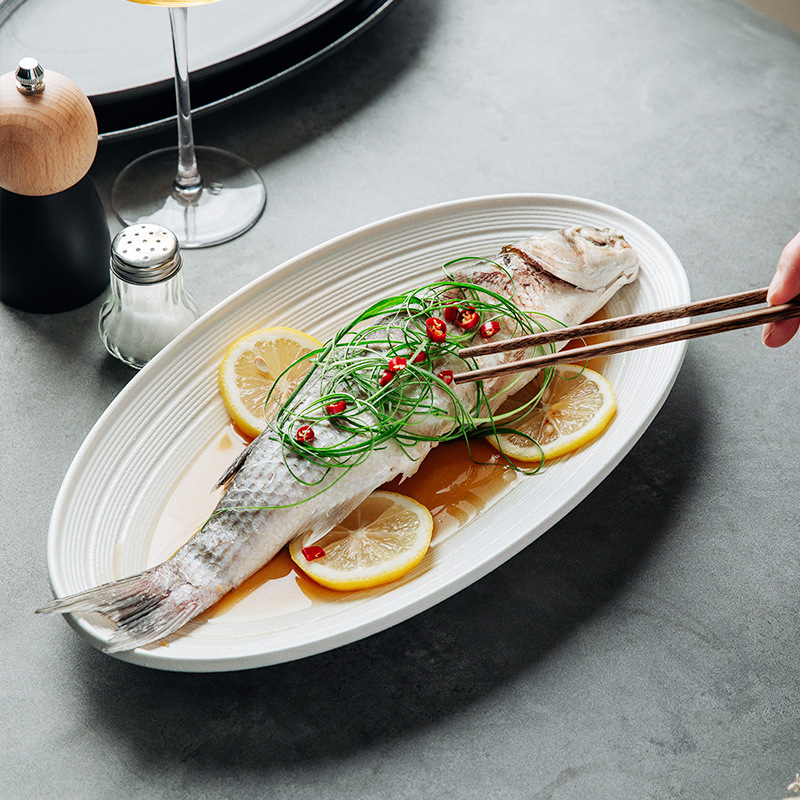 日本式魚皿家庭用蒸し魚皿高颜値大サイズ陶磁器料理皿レストランホテル食器高級感料理皿|undefined