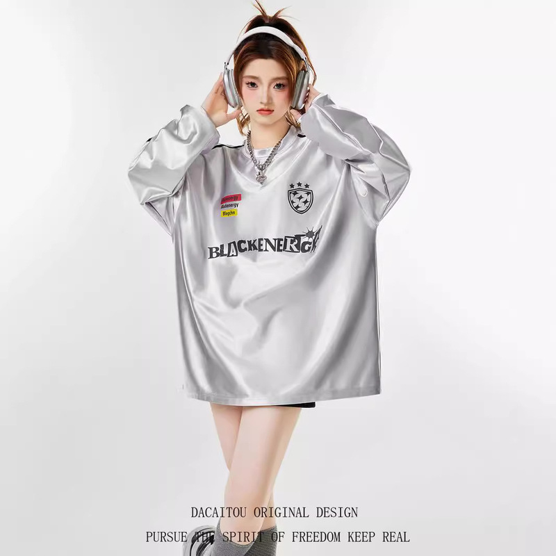 New American-style Street Liquid Bright Silver Smooth Anti-wrinkle Letter Long-sleeved T-shirt Men's Racing Suit Women's Trendy